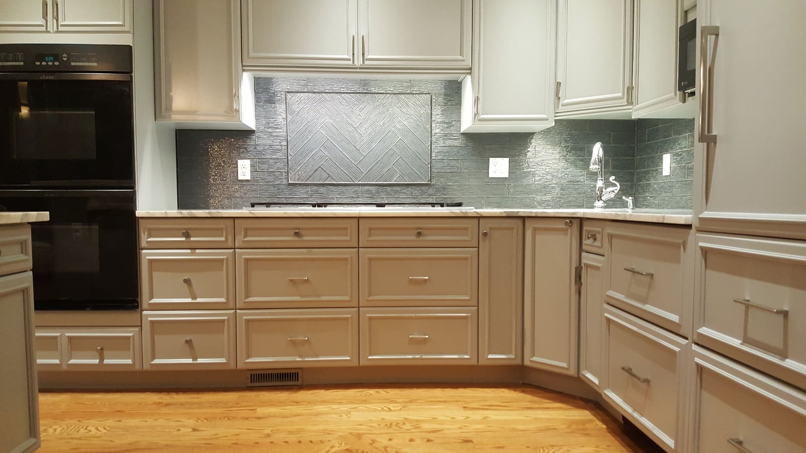Glass herringbone backsplash Mamaroneck NY